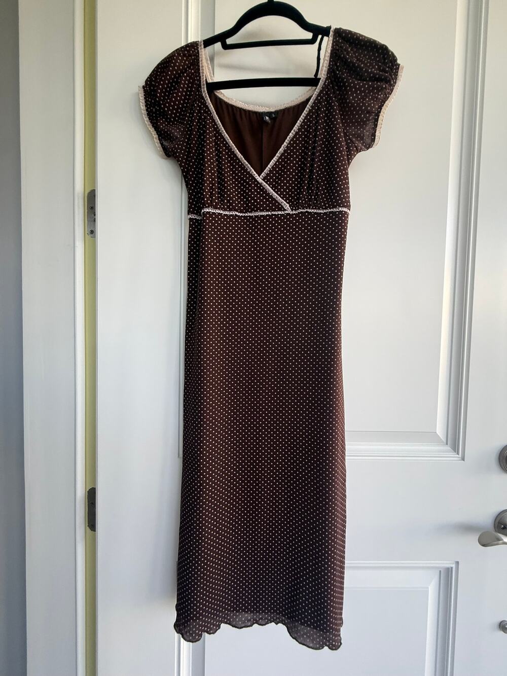 Trixxi Brown Light Pink Polka Dot Sweetheart Midi Dress (Fits Small)